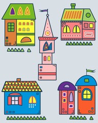 Set of the stylized houses. Six fantastic lodges, fabulous pictures for children. Vector illustration. It can be used for websites, children's magazines and advertisment