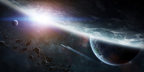 Naklejka premium Sunrise over group of planets in space