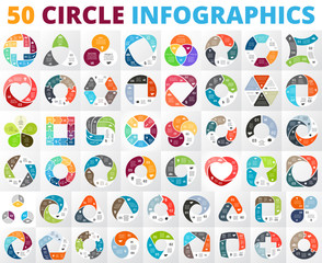 Vector circle infographics set. Business diagrams, arrows graphs, startup presentations and idea charts. Data options, parts, steps or cycle processes. 