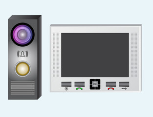 Intercom. Video intercom. The monitor and the outdoor panel with a video camera.  The device has an electromagnetic or electromechanical lock. The device is equipped with a speakerphone.