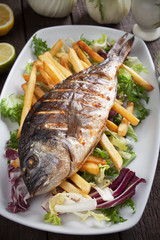 Grilled fish with french fries and salad
