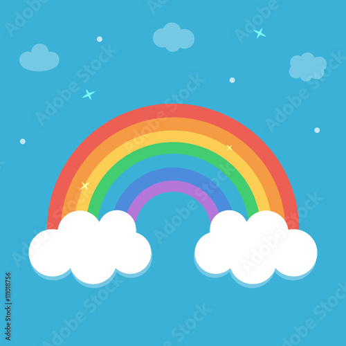 Flat Design Cartoon Rainbow With Clouds On Sky Blue