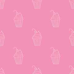 Cute colorful hand drawn pink cupcake seamless pattern background.