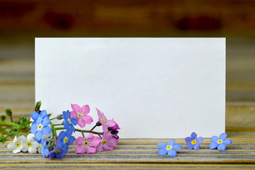 Blank greeting card and spring flowers