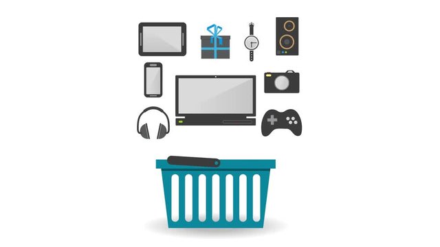 shopping basket with various electronics icons 4k motion animation commerce background