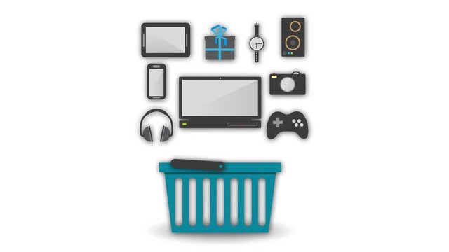 shopping basket with various electronics icons 4k motion animation commerce background 