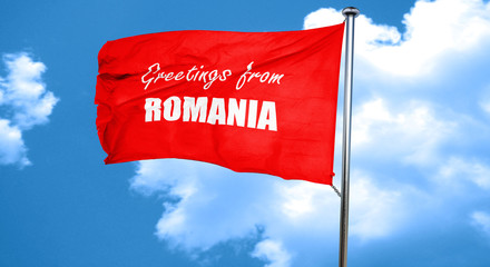 greetings from romania, 3D rendering, a red waving flag