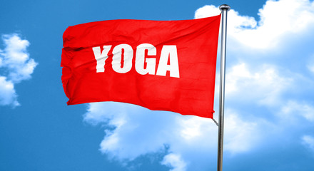 yoga, 3D rendering, a red waving flag