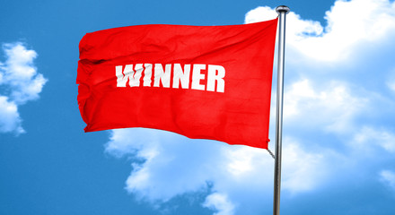 winner sign background, 3D rendering, a red waving flag