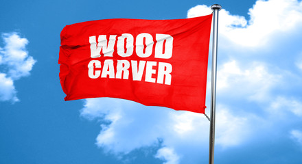 wood carver, 3D rendering, a red waving flag