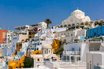 Fira, modern capital of the Greek Aegean island, Santorini, in the sunny day, Greece