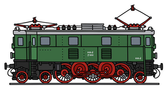 Old green electric locomotive / Hand drawing, vector illustration