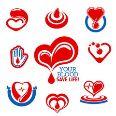 Blood donation icons for medical charity design 