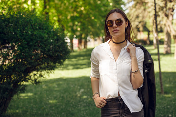 beautiful girl walking park summer sun