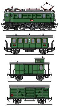 Old green electric train / Hand drawing, vector illustration