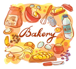 watercolor sketch set for baking ingredients