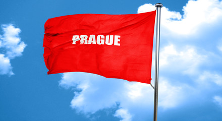 prague, 3D rendering, a red waving flag