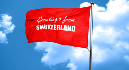 Greetings from switzerland, 3D rendering, a red waving flag