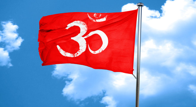 Om sign icon, 3D rendering, a red waving flag