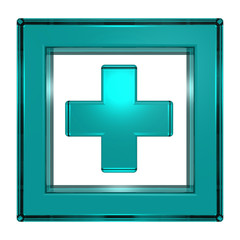 Obraz premium Blue cross in the square isolated on white. 3D illustration.