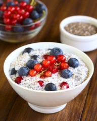 Chia Pudding mit Milch, Blaubeeren und rote Johannisbeeren, fotografiert mit natürlichem Licht (Selektiver Fokus, Fokus ein Drittel in den Pudding)