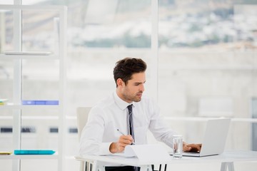 Businessman using laptop and taking notes