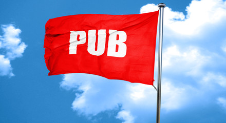 pub sign background, 3D rendering, a red waving flag