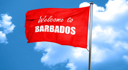 Welcome to barbados, 3D rendering, a red waving flag