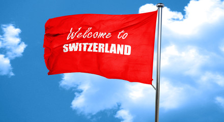 Welcome to switzerland, 3D rendering, a red waving flag
