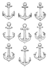 Nautical heraldic sketch symbols of retro anchors