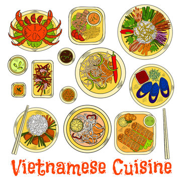 Spicy and refreshing vietnamese dinner sketch icon