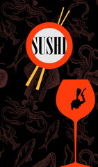 Cover for sushi bar menu with wine glass and diver