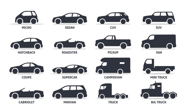 Car Type and Model Objects icons Set, automobile. Vector black illustration isolated on white background with shadow. Variants of car body silhouette for web