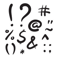 Computer symbols vector hand drawn illustration. Black lines on white background. Dollar, exclamation point, and, at, percent, slash, punctuation, question, comma, star and others
