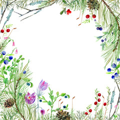 Frame with berry, coniferous branch,pinecone,moss, mushrooms,snowdrop,lichen.Forest image.Watercolor hand drawn illustration.