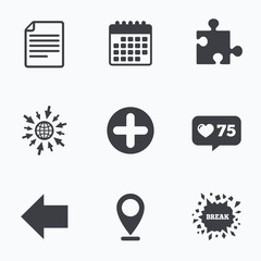 Plus circle and puzzle signs. File, arrow.