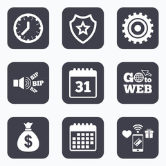 Business signs. Calendar and USD money bag icons