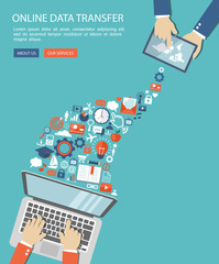 Flat banner of hands holding laptop and tablet with icons. Neywo