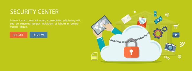 Obraz premium Flat banner. Illustration of security center. Cloud with lock a
