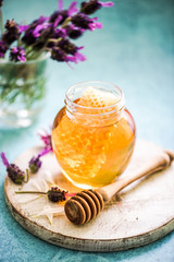 taste of summer, honey with comb and lavender