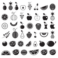 Fruit icons set, black isolated on white background, vector illustration.