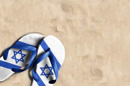 Thongs With Flag Of Israel, On Beach Sand