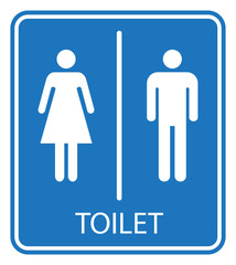 Male and female toilet sign, white isolated on blue background, vector illustration.