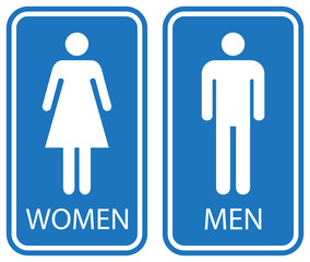 Male and female toilet sign, white isolated on blue background, vector illustration.