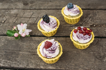 Blueberry  cupcakes with berries  and apple flowers on the wooden old planks