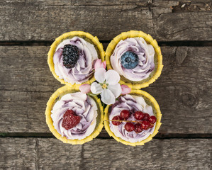 Blueberry  cupcakes with berries  and apple flowers on the wooden old planks
