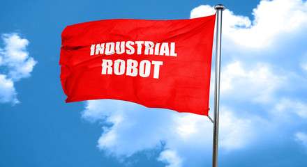 industrial robot, 3D rendering, a red waving flag