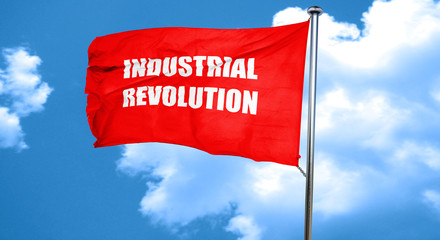 Industrial revolution background, 3D rendering, a red waving fla