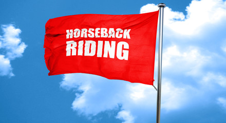 horseback riding, 3D rendering, a red waving flag