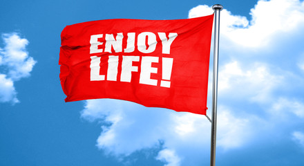 enjoy life!, 3D rendering, a red waving flag